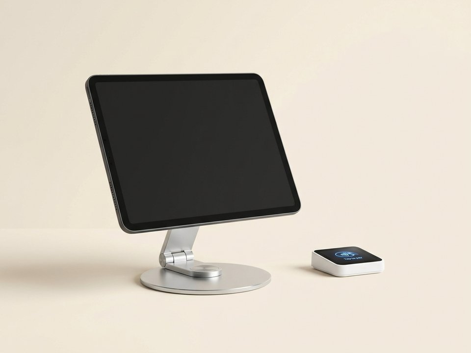 iPad on the ULAN spin-and-flip stand with tap-to-pay card reader