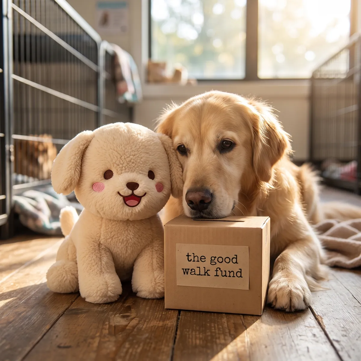BOBO the plush puppy beside a shelter dog and a kraft donation box labeled the good walk fund